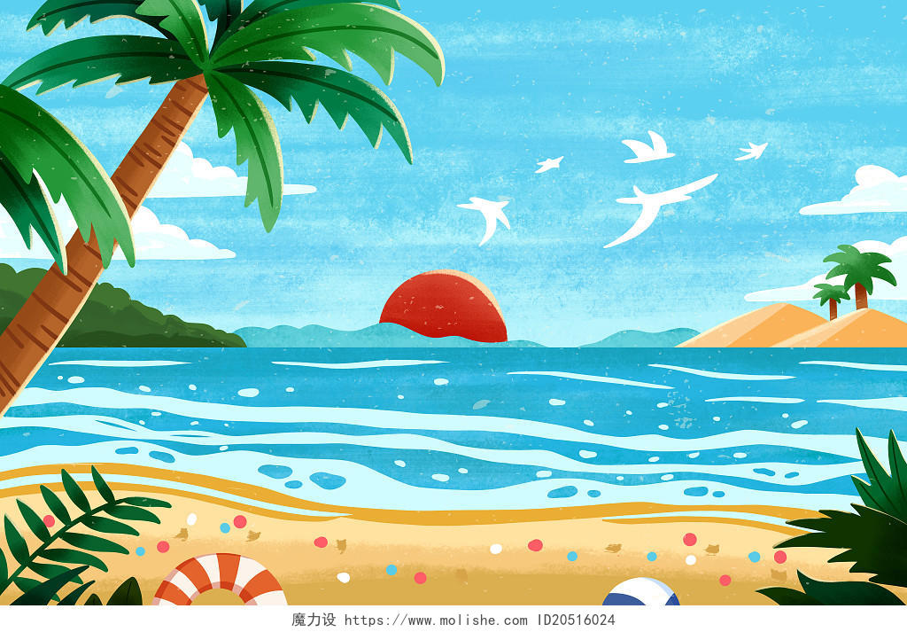 夏天海边沙滩背景手绘卡通扁平插画海报卡通夏天背景插画
